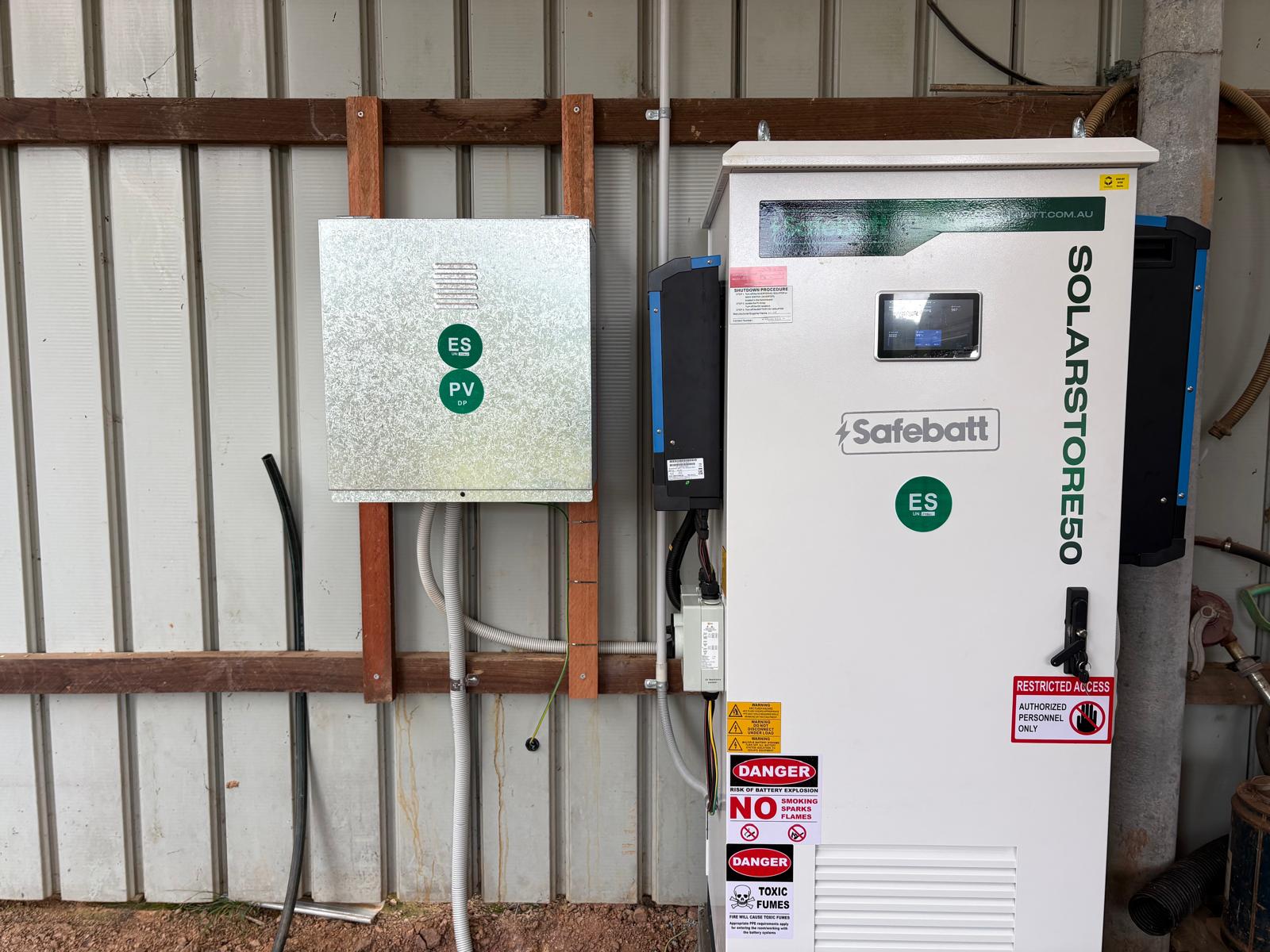 SolarStore50 with solar and battery distribution boards in a farm shed